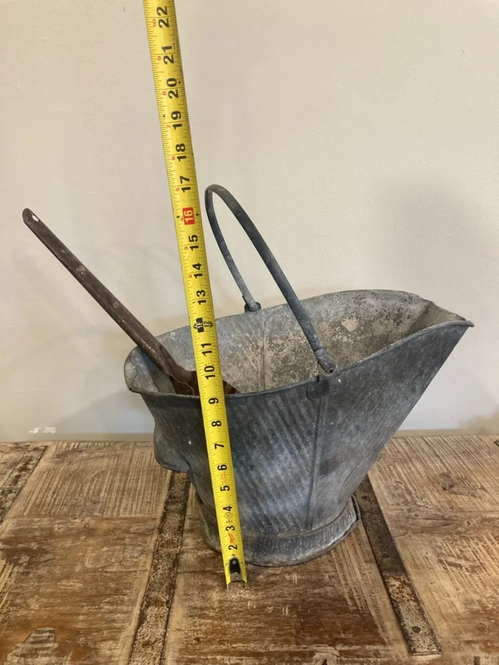 Vintage Galvanized Metal Coal Scuttle Bucket and Shovel Scoop Set Distressed